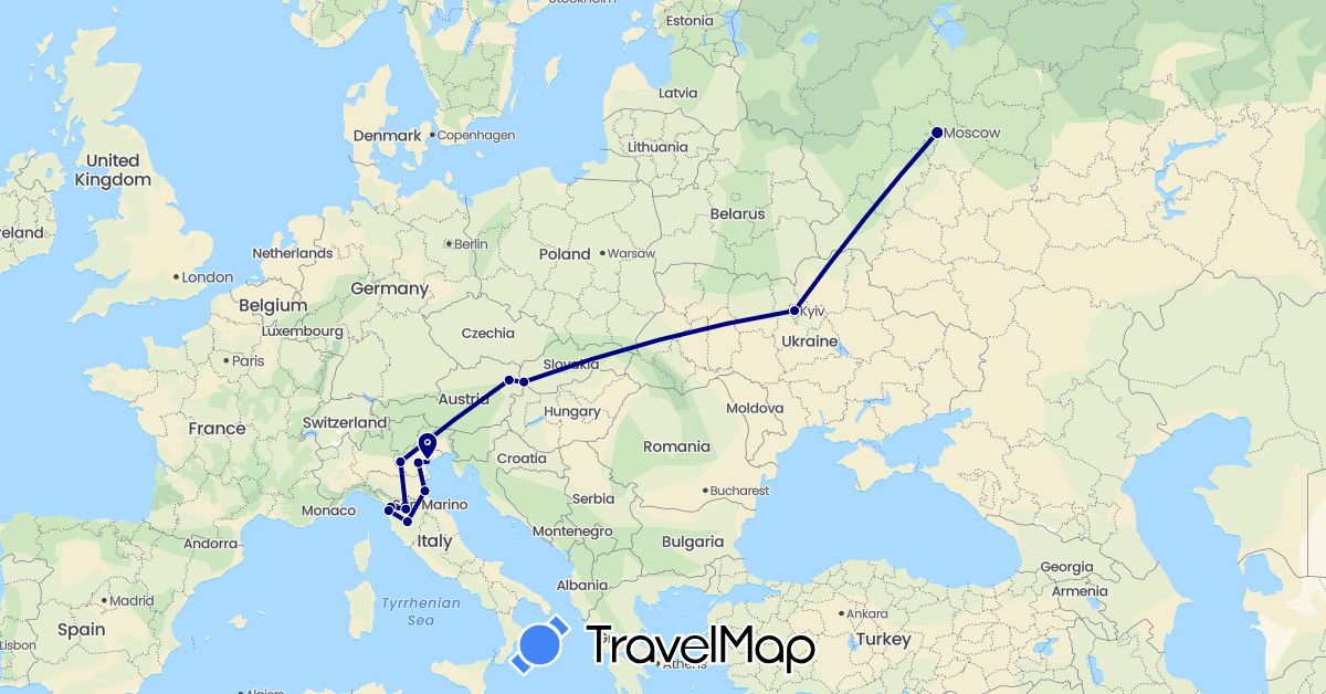 TravelMap itinerary: driving in Austria, Italy, Russia, Slovakia, Ukraine (Europe)