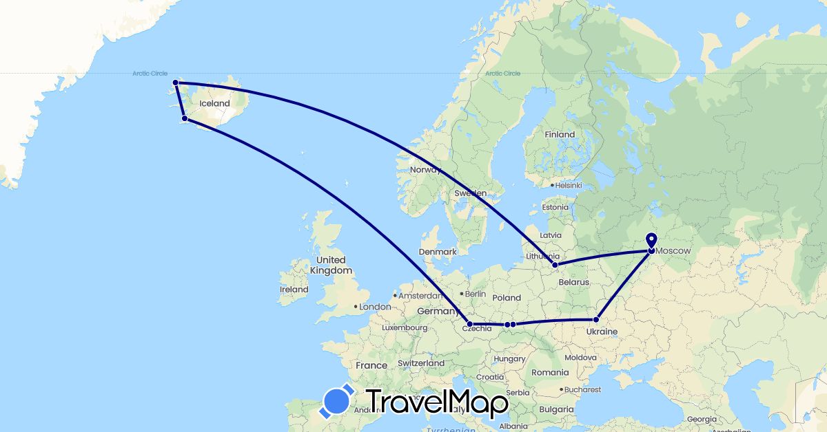 TravelMap itinerary: driving in Czech Republic, Iceland, Lithuania, Poland, Russia, Ukraine (Europe)